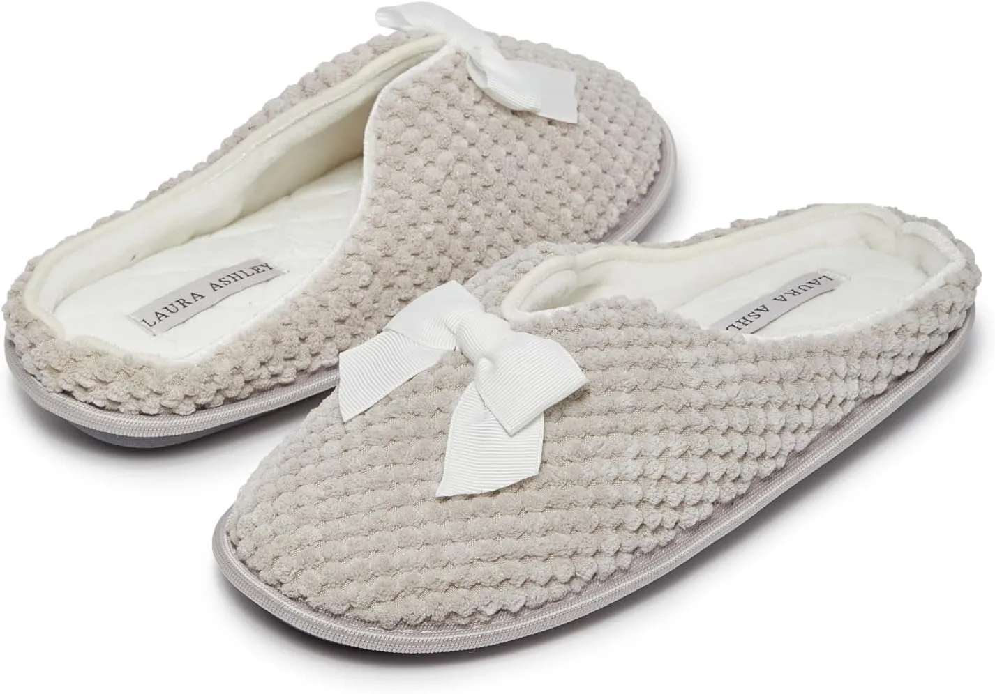 Laura Ashley Womens Memory Foam Slip On Terry Cloth Clog Slippers, Ladies Fuzzy Rubber Bottom Fur Bedroom House Shoes