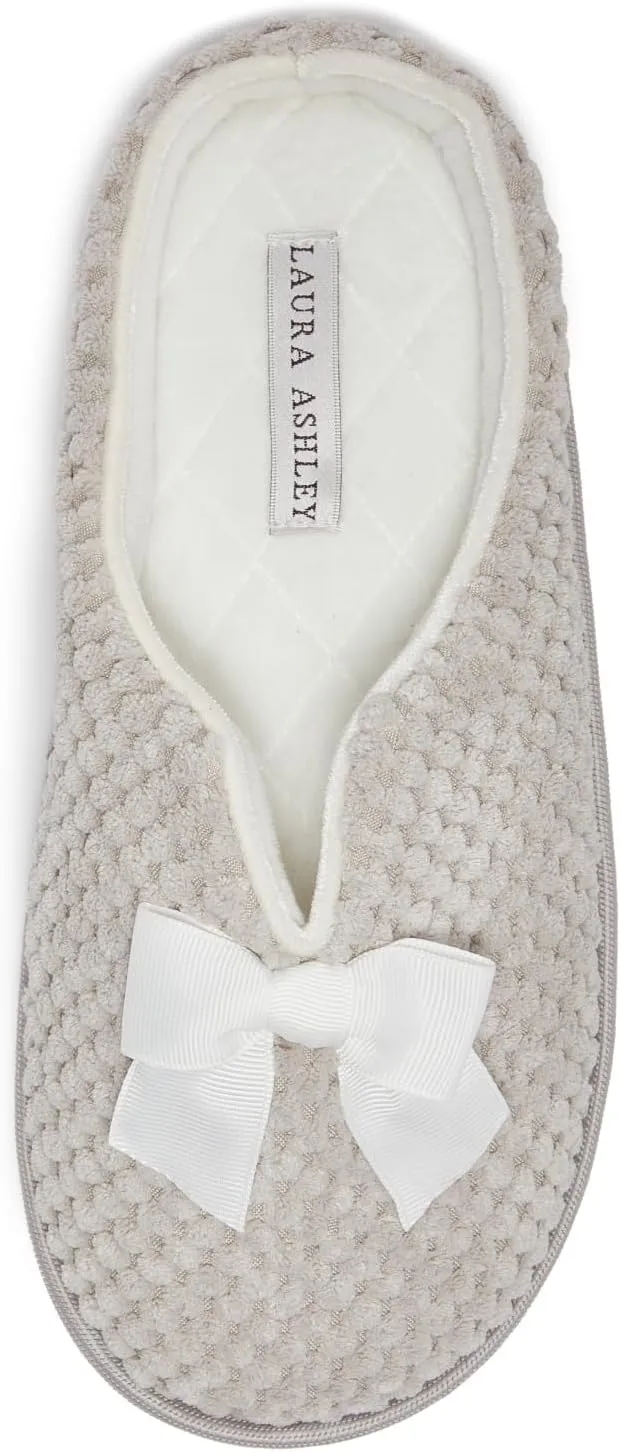 Laura Ashley Womens Memory Foam Slip On Terry Cloth Clog Slippers, Ladies Fuzzy Rubber Bottom Fur Bedroom House Shoes