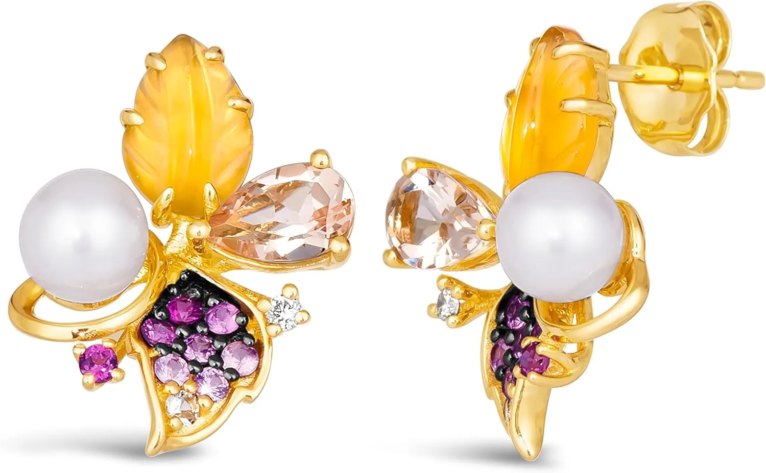 LE VIAN Diamond, Pearl, Pear Cut Morganite, and Multi Stone Flower and Leaf Grape Earrings for Women in 14k Yellow Gold (G-H/Multicolor Gemstones, VS2-SI1, TCW) Push Back Earrings