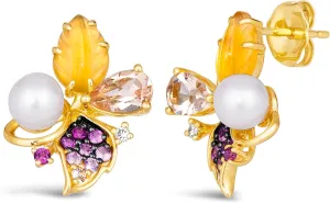 LE VIAN Diamond, Pearl, Pear Cut Morganite, and Multi Stone Flower and Leaf Grape Earrings for Women in 14k Yellow Gold (G-H/Multicolor Gemstones, VS2-SI1, TCW) Push Back Earrings