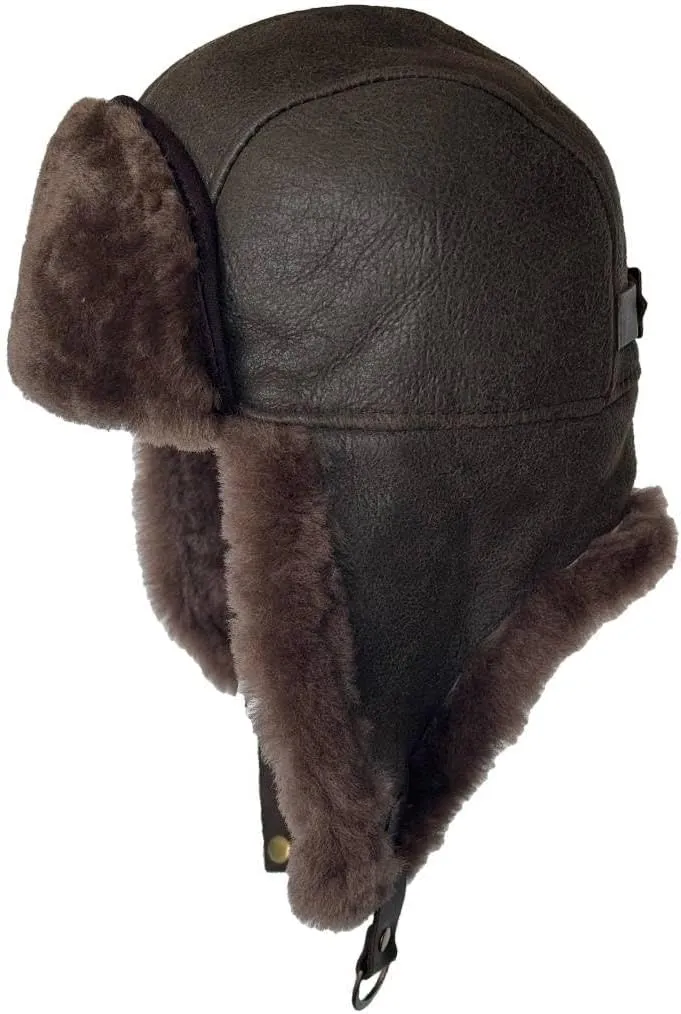 Leather Aviator Russian Ushanka Trapper Shearling Sheepskin Fur Ear Flap Waterproof Winter Hat