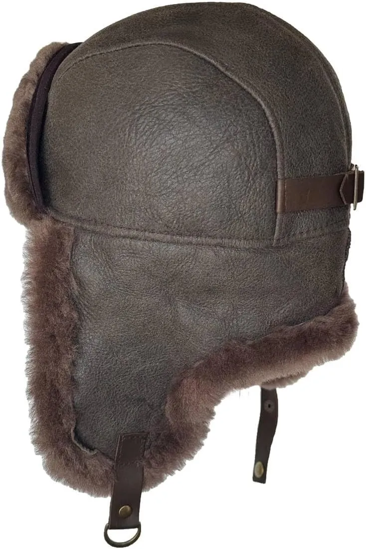 Leather Aviator Russian Ushanka Trapper Shearling Sheepskin Fur Ear Flap Waterproof Winter Hat