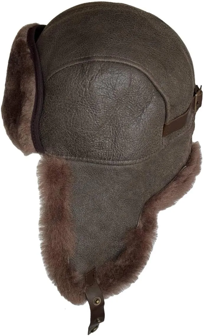 Leather Aviator Russian Ushanka Trapper Shearling Sheepskin Fur Ear Flap Waterproof Winter Hat