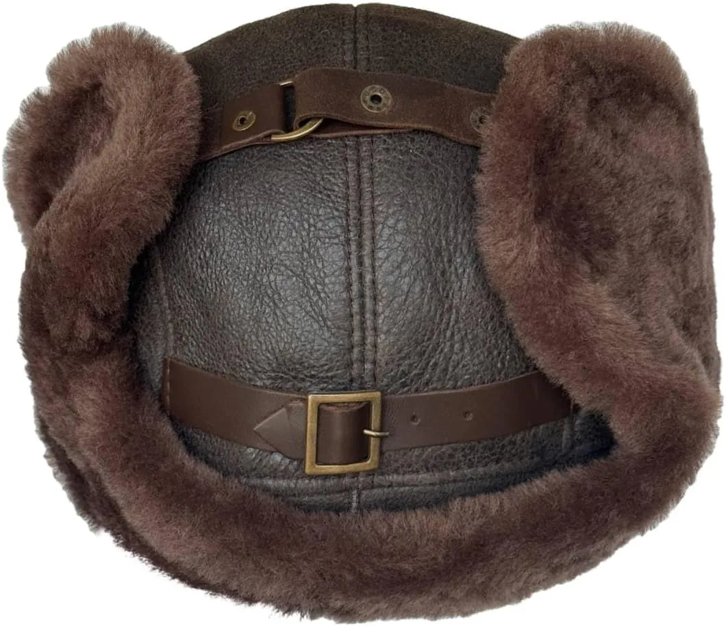 Leather Aviator Russian Ushanka Trapper Shearling Sheepskin Fur Ear Flap Waterproof Winter Hat