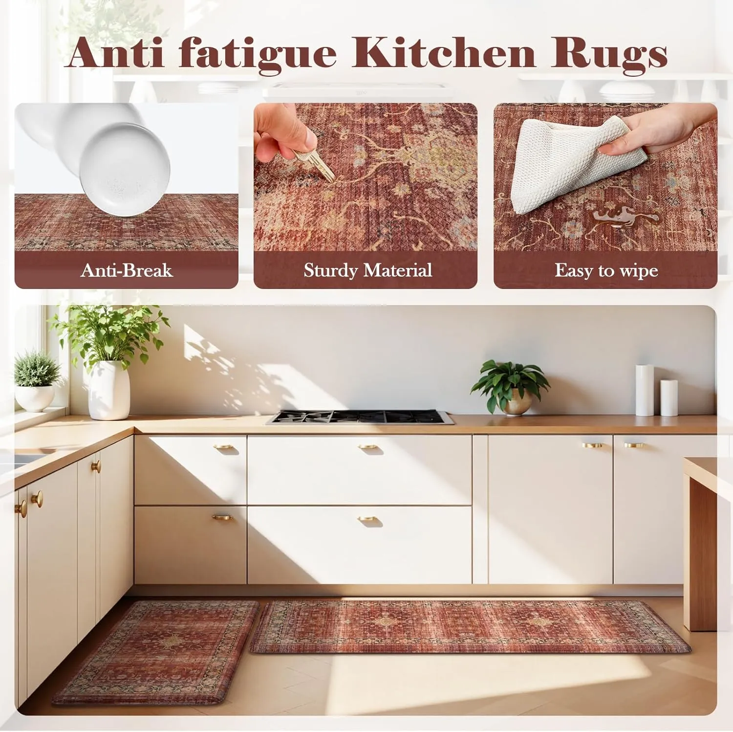 LEEVAN Kitchen Mats for Floor Non-Slip, Cushioned Anti Fatigue Mat 2 Piece, Red Memory Foam Kitchen Mat Waterproof, Ergonomic Standing Mat for Bar, Office,Desk, Laundry