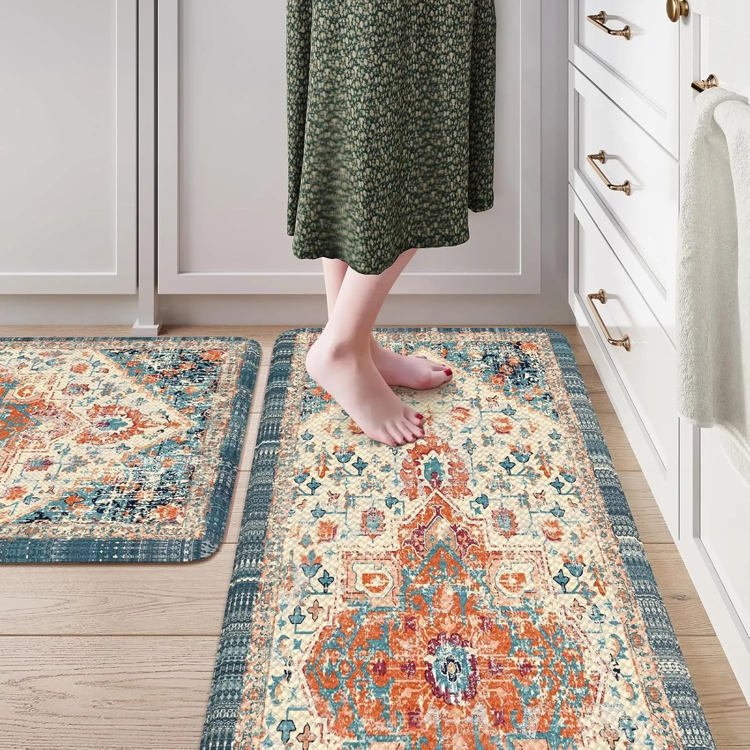 LEEVAN Kitchen Rugs Non Slip, Cushioned Kitchen Floor Mats Set of 2, Orange Anti-Fatigue Kitchen Mat Waterproof, Ergonomic Memory Foam Standing Mat for Bar,Office,Desk,Laundry