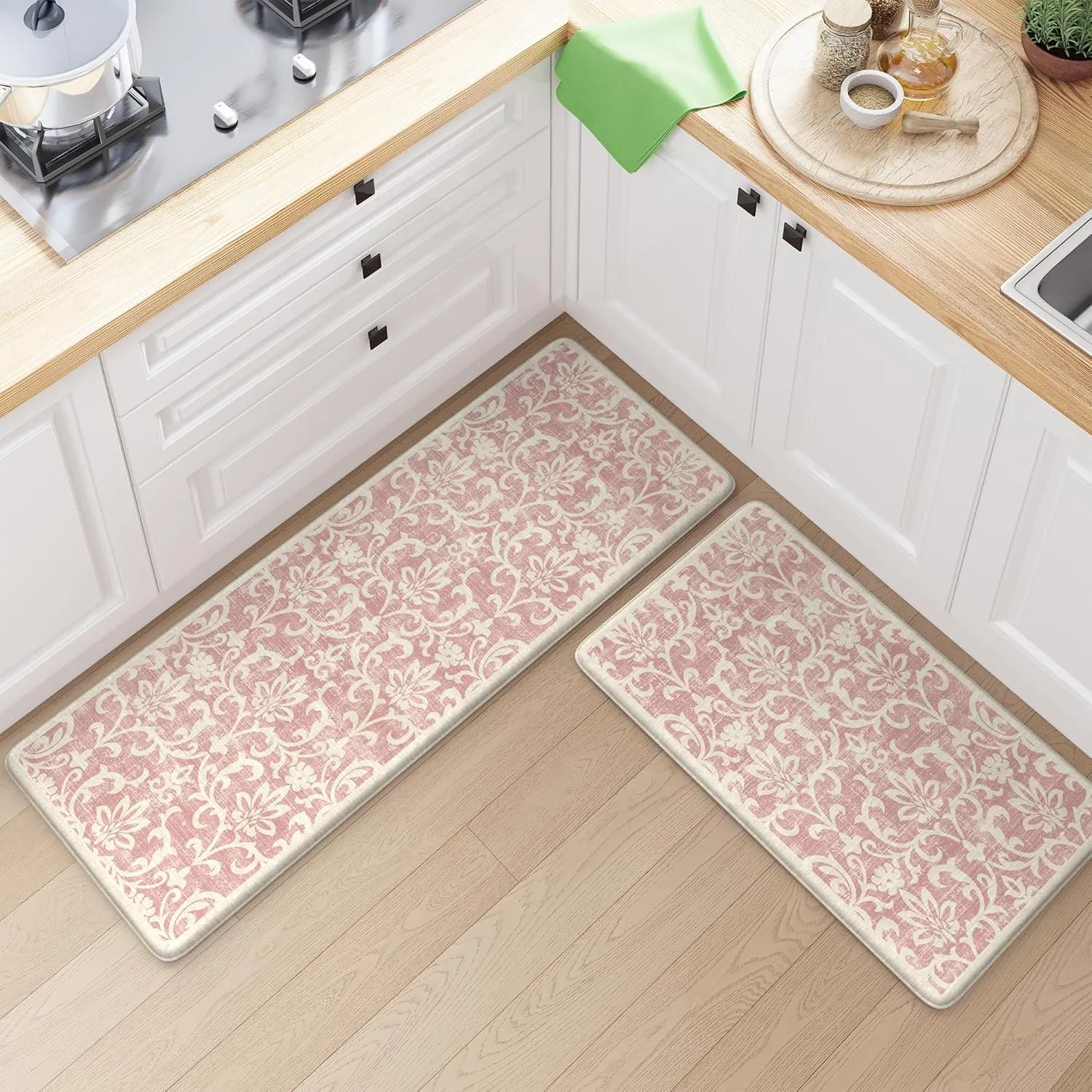 LEEVAN Kitchen Rugs Non Slip, Cushioned Kitchen Floor Mats Set of 2, Pink Anti-Fatigue Kitchen Mat Waterproof, Ergonomic Memory Foam Standing Mat for Bar,Office,Desk,Laundry