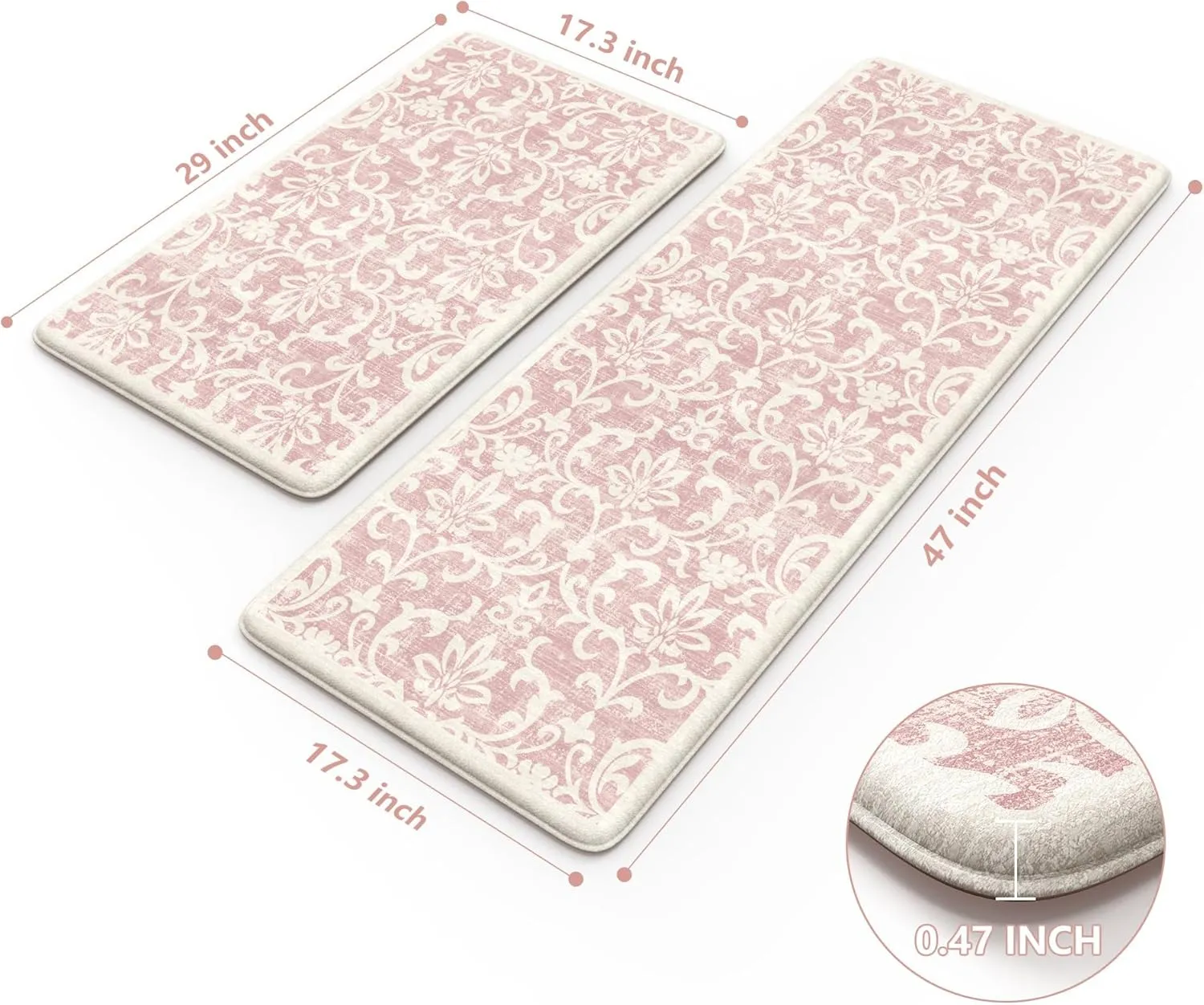 LEEVAN Kitchen Rugs Non Slip, Cushioned Kitchen Floor Mats Set of 2, Pink Anti-Fatigue Kitchen Mat Waterproof, Ergonomic Memory Foam Standing Mat for Bar,Office,Desk,Laundry