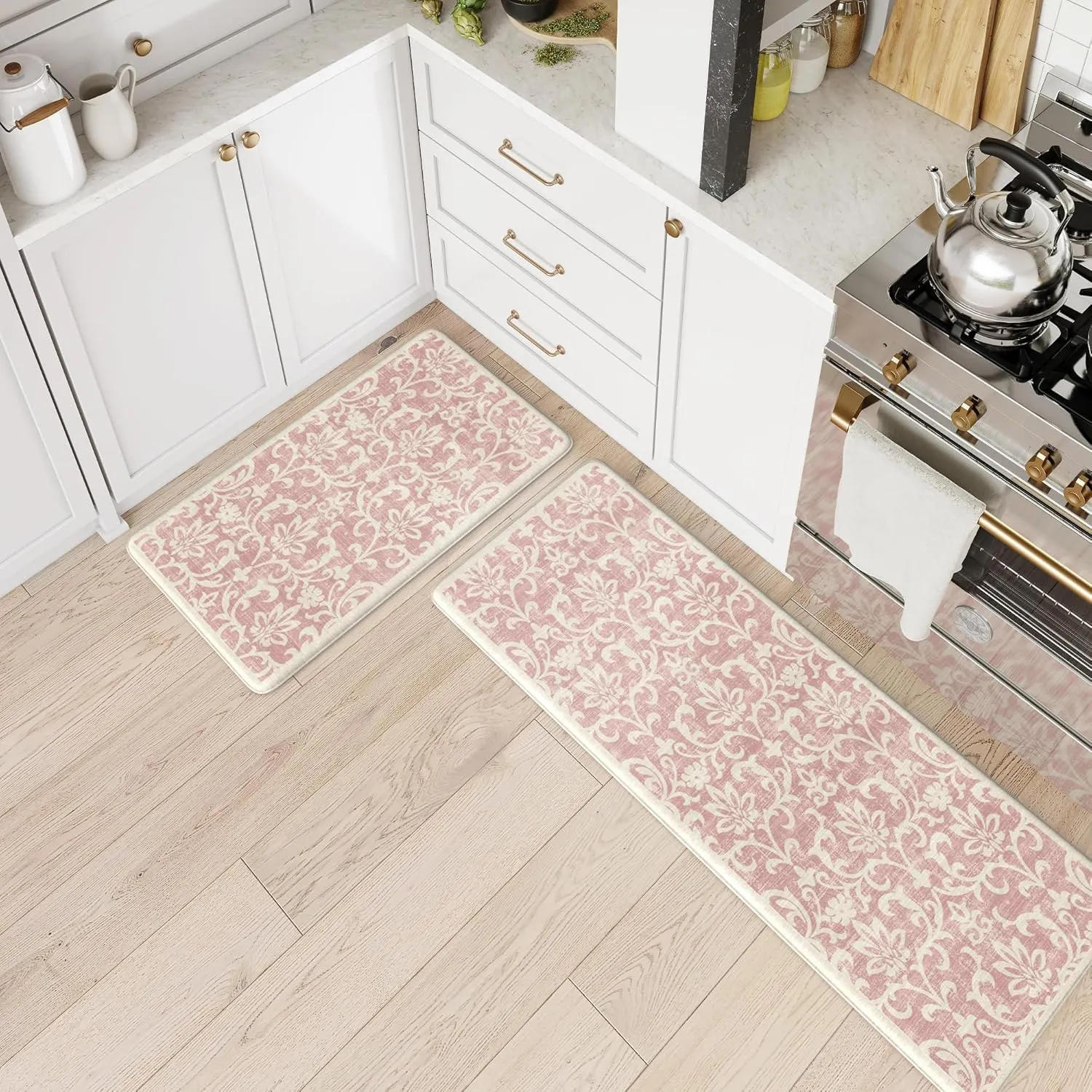 LEEVAN Kitchen Rugs Non Slip, Cushioned Kitchen Floor Mats Set of 2, Pink Anti-Fatigue Kitchen Mat Waterproof, Ergonomic Memory Foam Standing Mat for Bar,Office,Desk,Laundry