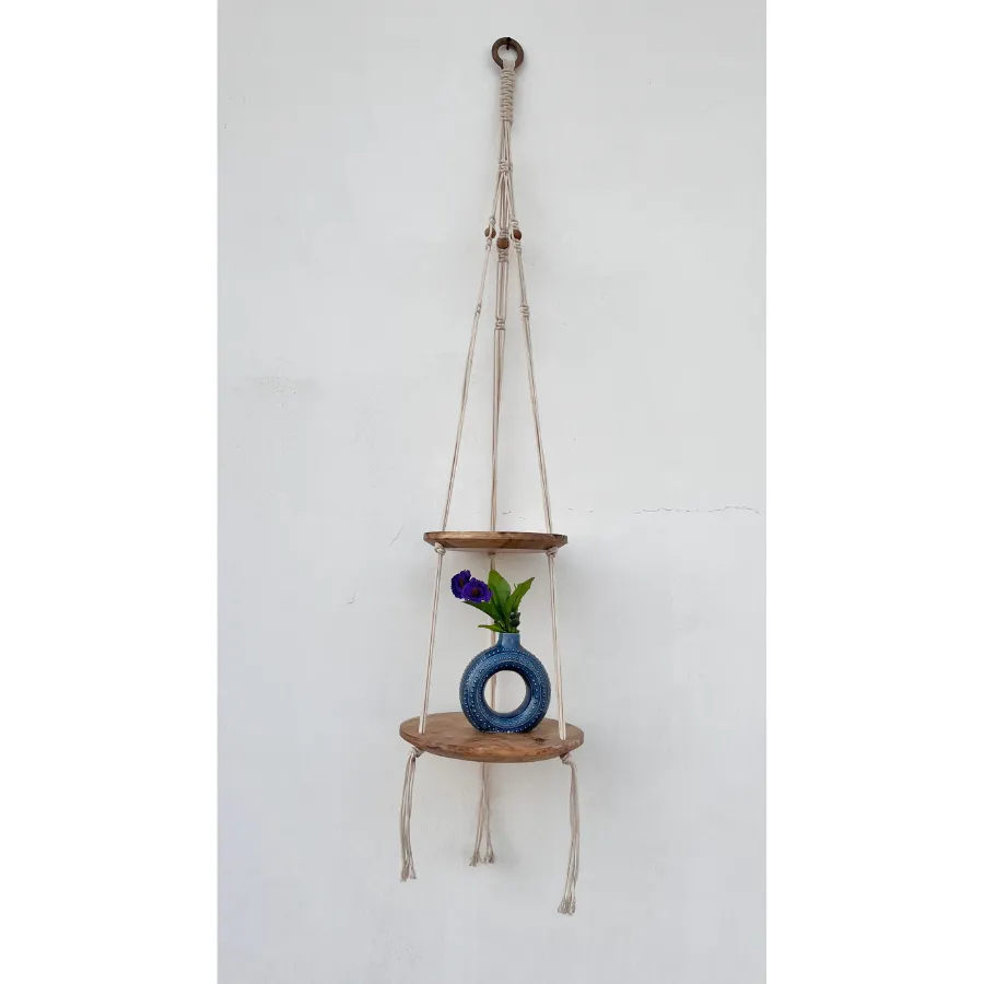 Lho Macramé Hanging Shelf 2-Tier Wooden Floating Shelf