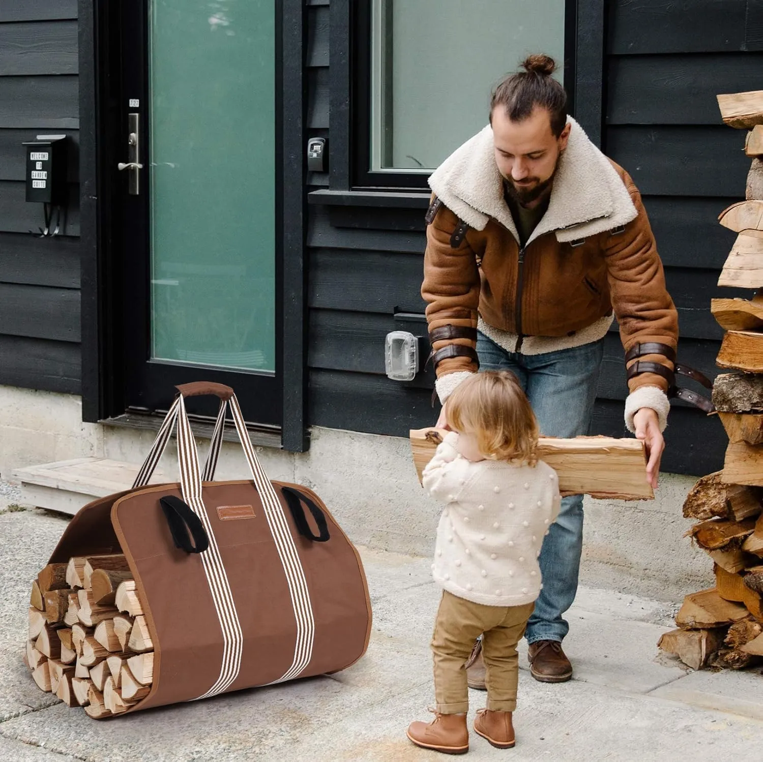 Lightweight Firewood Carrier, Wood Carrier for Firewood, Oxford Canvas Firewood Log Carrier Tote with Padded Handles and Closing Fastener - Brown