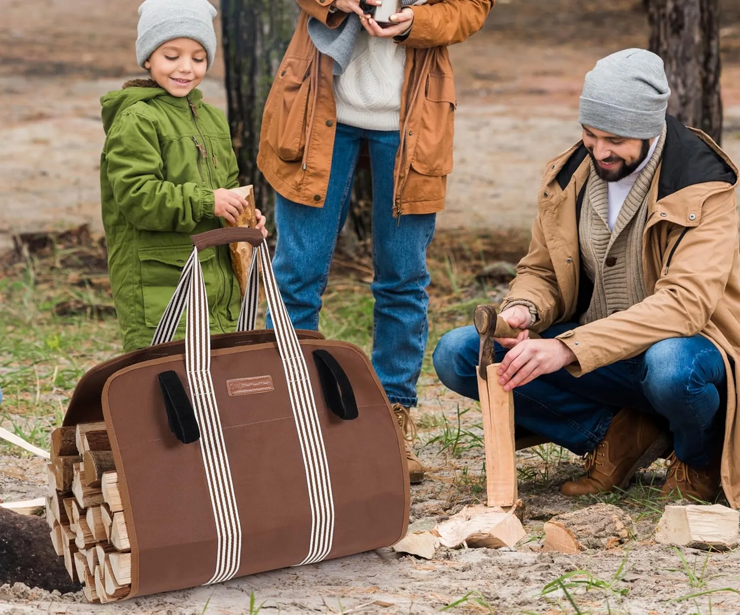 Lightweight Firewood Carrier, Wood Carrier for Firewood, Oxford Canvas Firewood Log Carrier Tote with Padded Handles and Closing Fastener - Brown