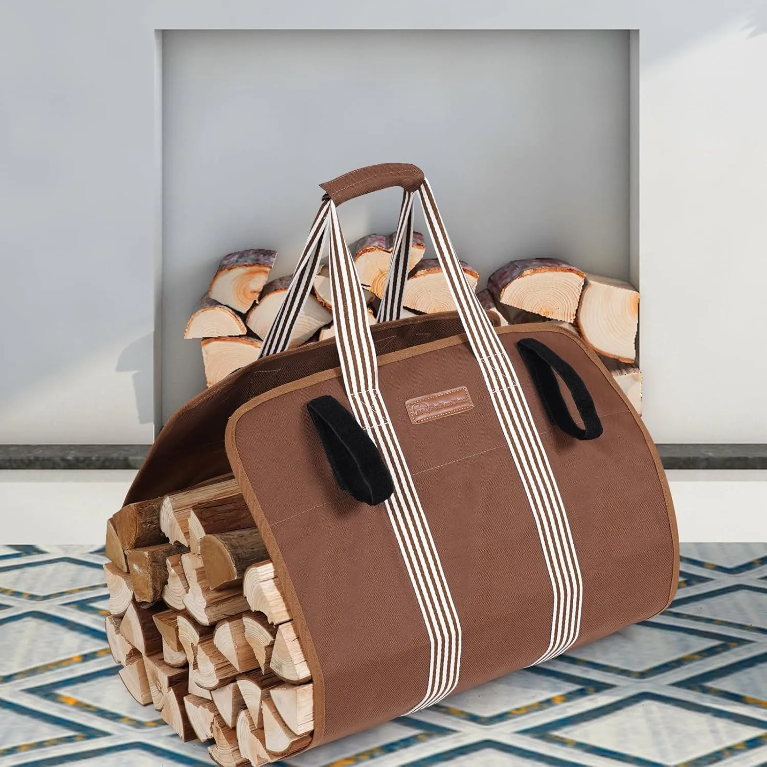 Lightweight Firewood Carrier, Wood Carrier for Firewood, Oxford Canvas Firewood Log Carrier Tote with Padded Handles and Closing Fastener - Brown