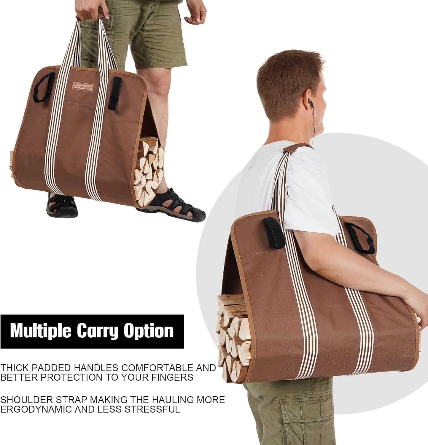 Lightweight Firewood Carrier, Wood Carrier for Firewood, Oxford Canvas Firewood Log Carrier Tote with Padded Handles and Closing Fastener - Brown