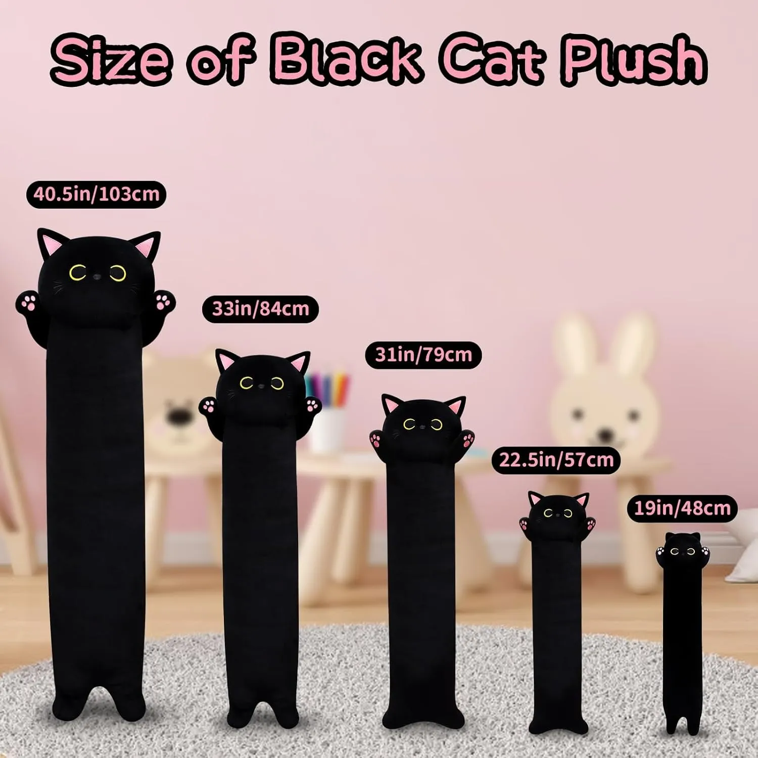 Long Cat Plush Long Cat Body Pillow, 31" Kawaii Cartoon Cat Stuffed Animals Soft Cat Plushie, Cute Black Cat Plush Pillow Cuddle Pillow Stuffed Cat Toys for Kids Birthday
