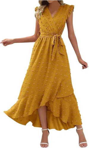 Long Dresses for Women Casual Loose Soft Flowy V Neck Sleeveless Wrap Dress Summer Asymmetrical Slit Maxi Sundress