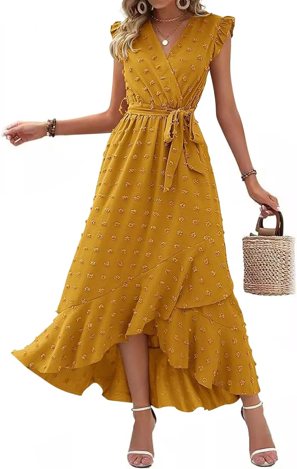 Long Dresses for Women Casual Loose Soft Flowy V Neck Sleeveless Wrap Dress Summer Asymmetrical Slit Maxi Sundress