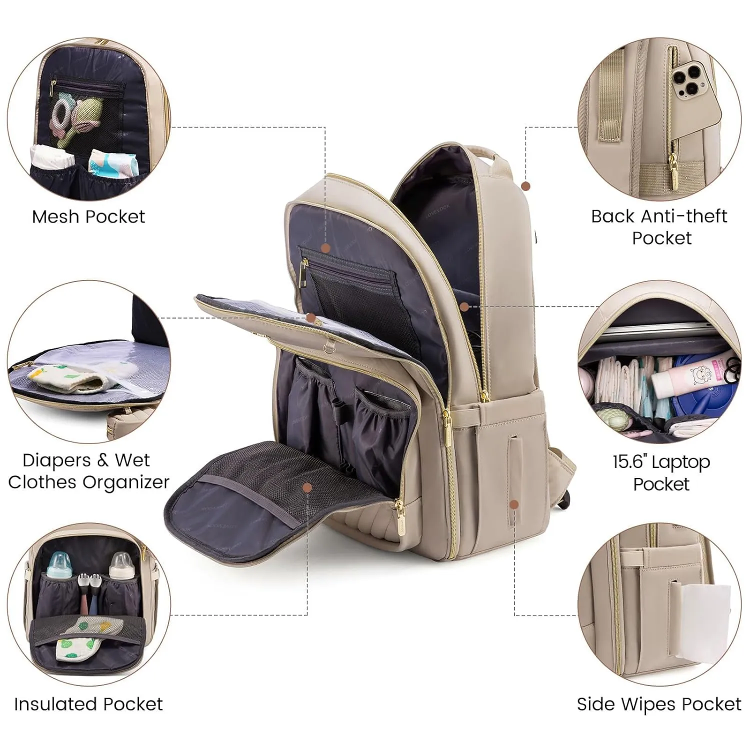LOVEVOOK Diaper Bag Backpack, Quilted Baby Bag with Changing Pad & Pacifier Holder, Waterproof Travel Diaper Bags for Baby Boys Girls, Stylish and Large Capacity,Nude