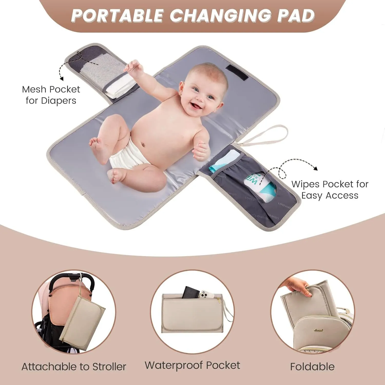 LOVEVOOK Diaper Bag Backpack, Quilted Baby Bag with Changing Pad & Pacifier Holder, Waterproof Travel Diaper Bags for Baby Boys Girls, Stylish and Large Capacity,Nude