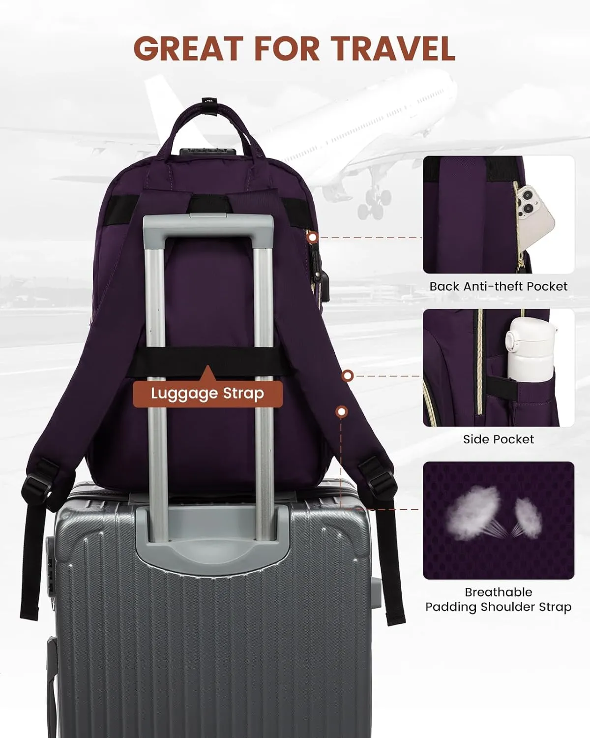 LOVEVOOK Laptop Backpack for Women, Large Capacity Travel Anti-Theft Bag Business Work Computer Backpacks Purse College Backpack, Casual Hiking Daypack with Lock, 15.6 Inch, Dark Purple