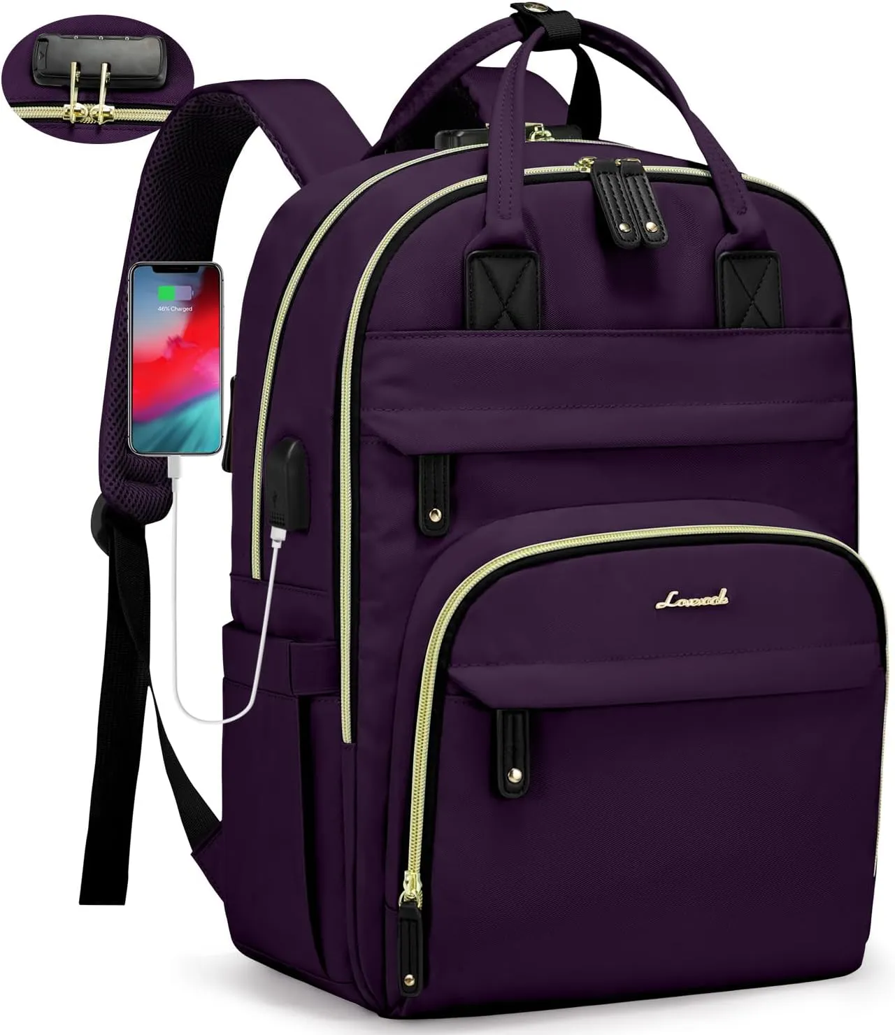 LOVEVOOK Laptop Backpack for Women, Large Capacity Travel Anti-Theft Bag Business Work Computer Backpacks Purse College Backpack, Casual Hiking Daypack with Lock, 15.6 Inch, Dark Purple