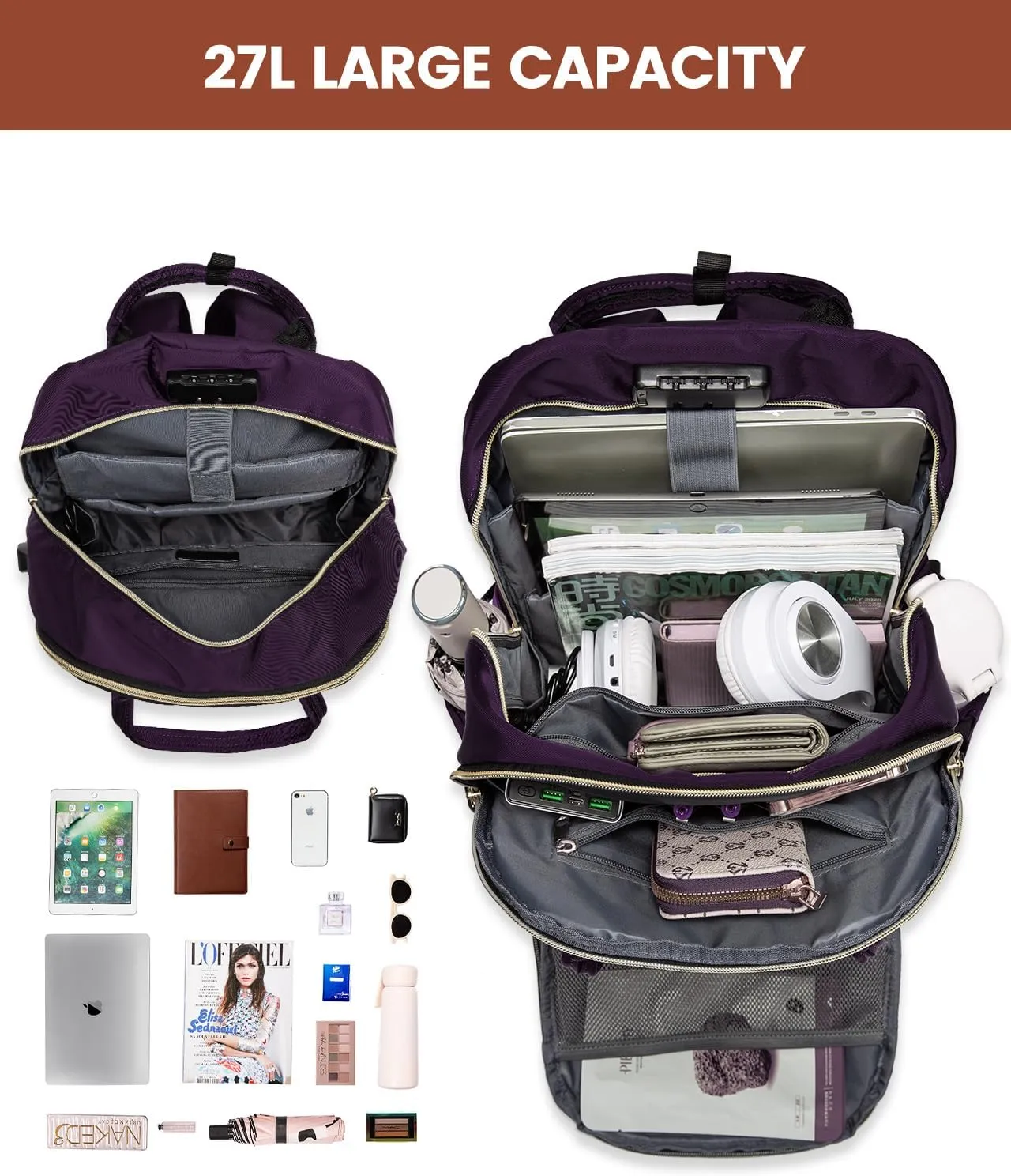 LOVEVOOK Laptop Backpack for Women, Large Capacity Travel Anti-Theft Bag Business Work Computer Backpacks Purse College Backpack, Casual Hiking Daypack with Lock, 15.6 Inch, Dark Purple