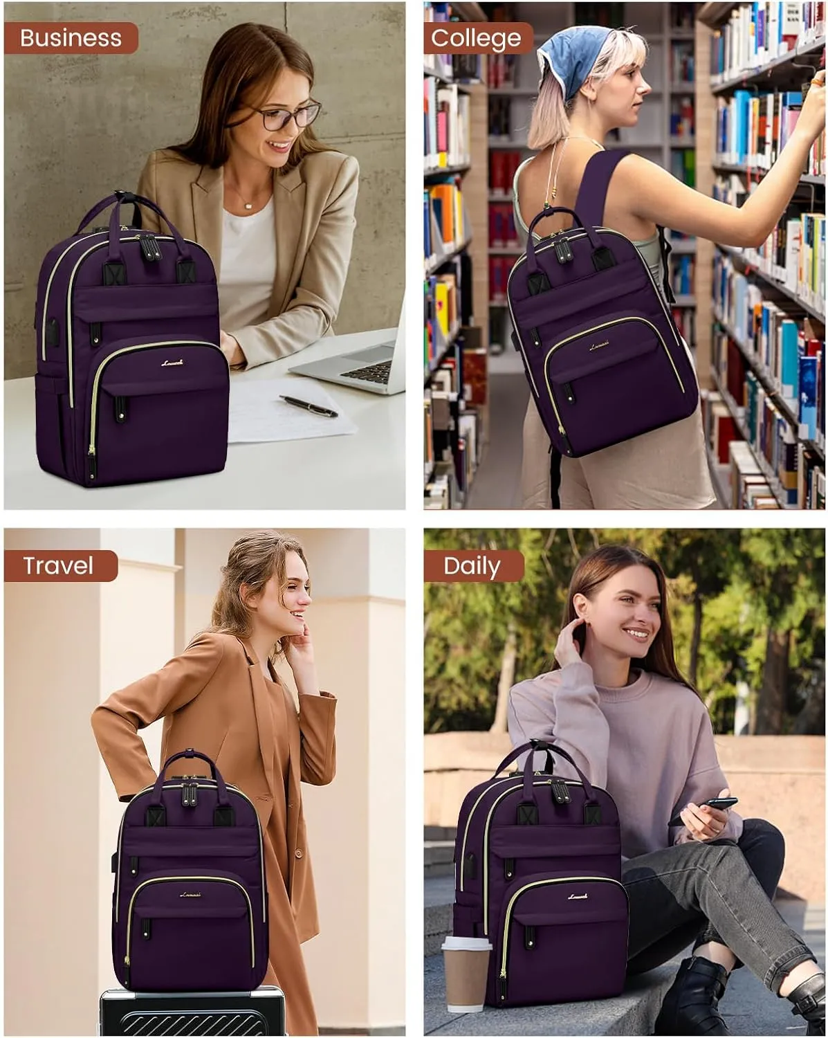 LOVEVOOK Laptop Backpack for Women, Large Capacity Travel Anti-Theft Bag Business Work Computer Backpacks Purse College Backpack, Casual Hiking Daypack with Lock, 15.6 Inch, Dark Purple