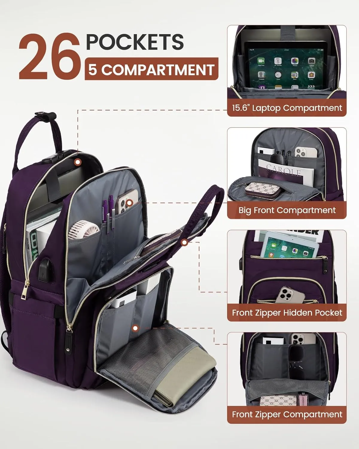 LOVEVOOK Laptop Backpack for Women, Large Capacity Travel Anti-Theft Bag Business Work Computer Backpacks Purse College Backpack, Casual Hiking Daypack with Lock, 15.6 Inch, Dark Purple