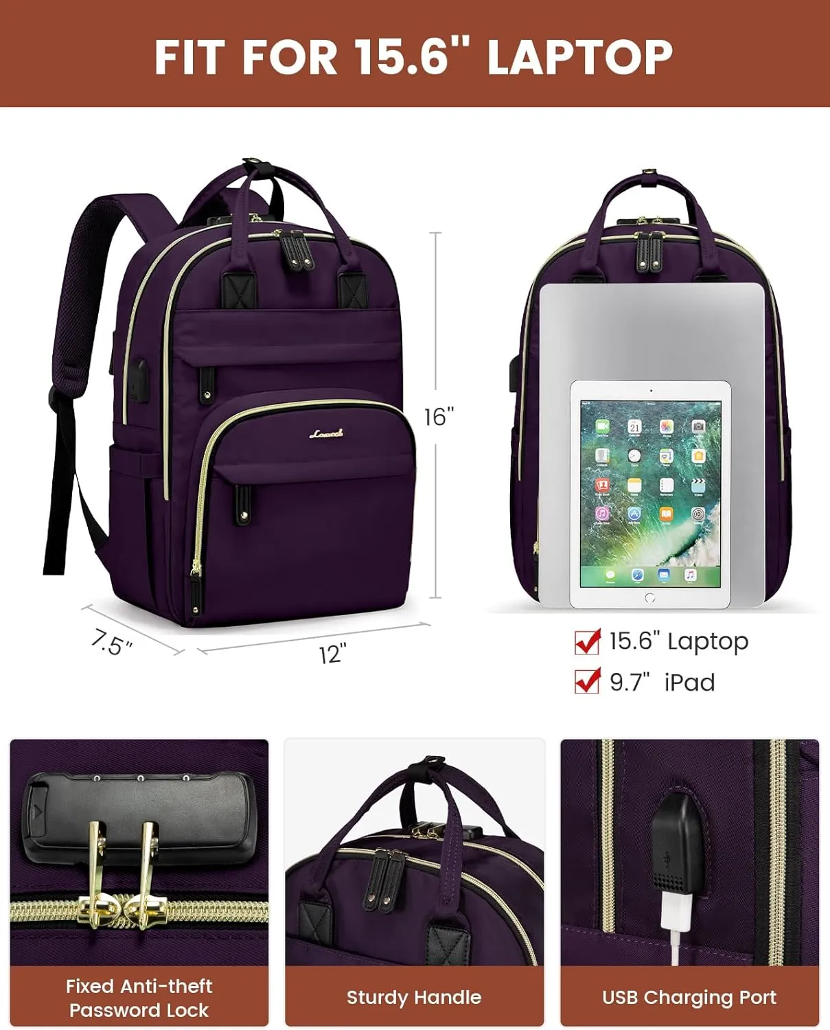 LOVEVOOK Laptop Backpack for Women, Large Capacity Travel Anti-Theft Bag Business Work Computer Backpacks Purse College Backpack, Casual Hiking Daypack with Lock, 15.6 Inch, Dark Purple