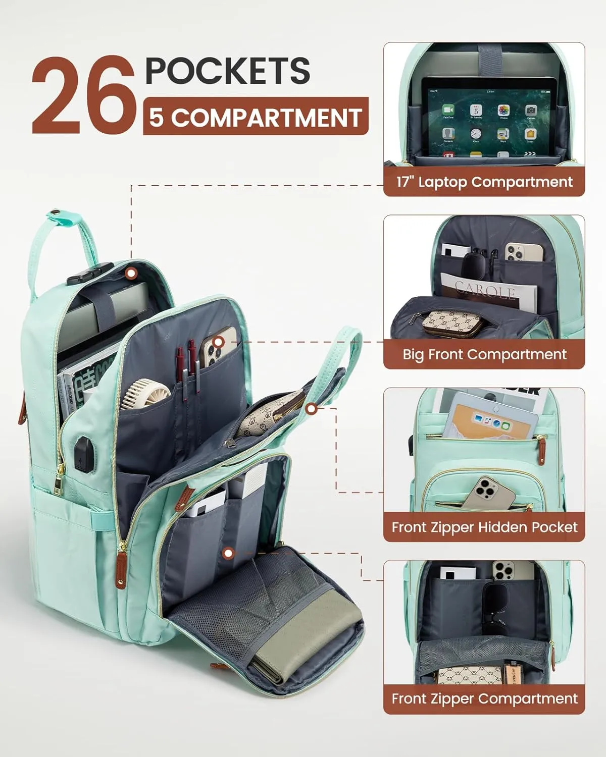 LOVEVOOK Laptop Backpack Purse for Women, Unisex Large Capacity 17 Inch Travel Anti-theft Bag, Work Business Computer Bags Backpack for Men, Casual Hiking Daypack with Lock, Mint Green
