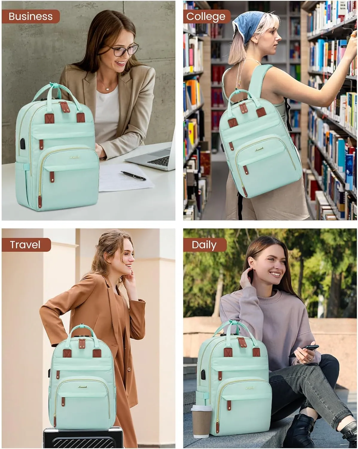 LOVEVOOK Laptop Backpack Purse for Women, Unisex Large Capacity 17 Inch Travel Anti-theft Bag, Work Business Computer Bags Backpack for Men, Casual Hiking Daypack with Lock, Mint Green