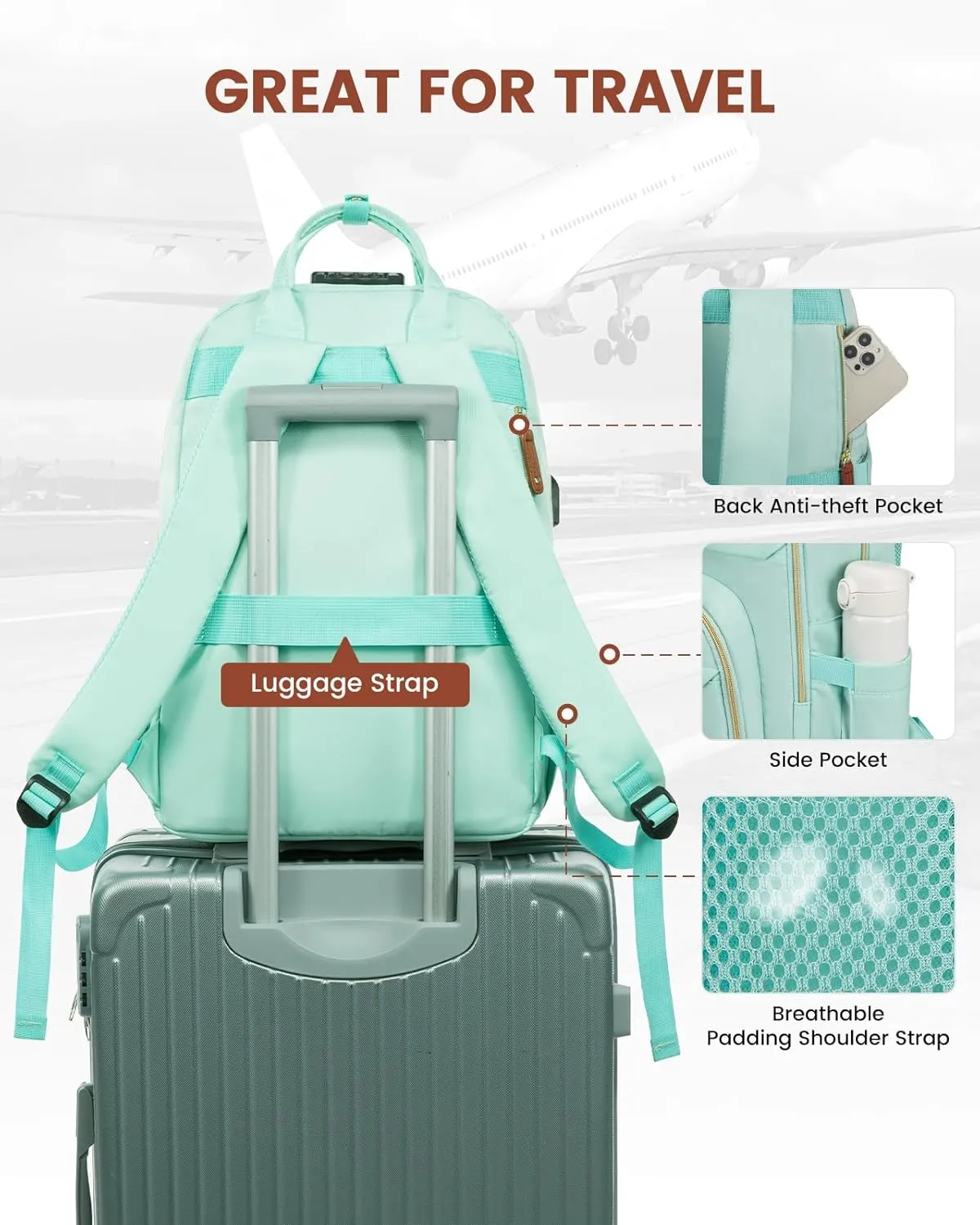 LOVEVOOK Laptop Backpack Purse for Women, Unisex Large Capacity 17 Inch Travel Anti-theft Bag, Work Business Computer Bags Backpack for Men, Casual Hiking Daypack with Lock, Mint Green