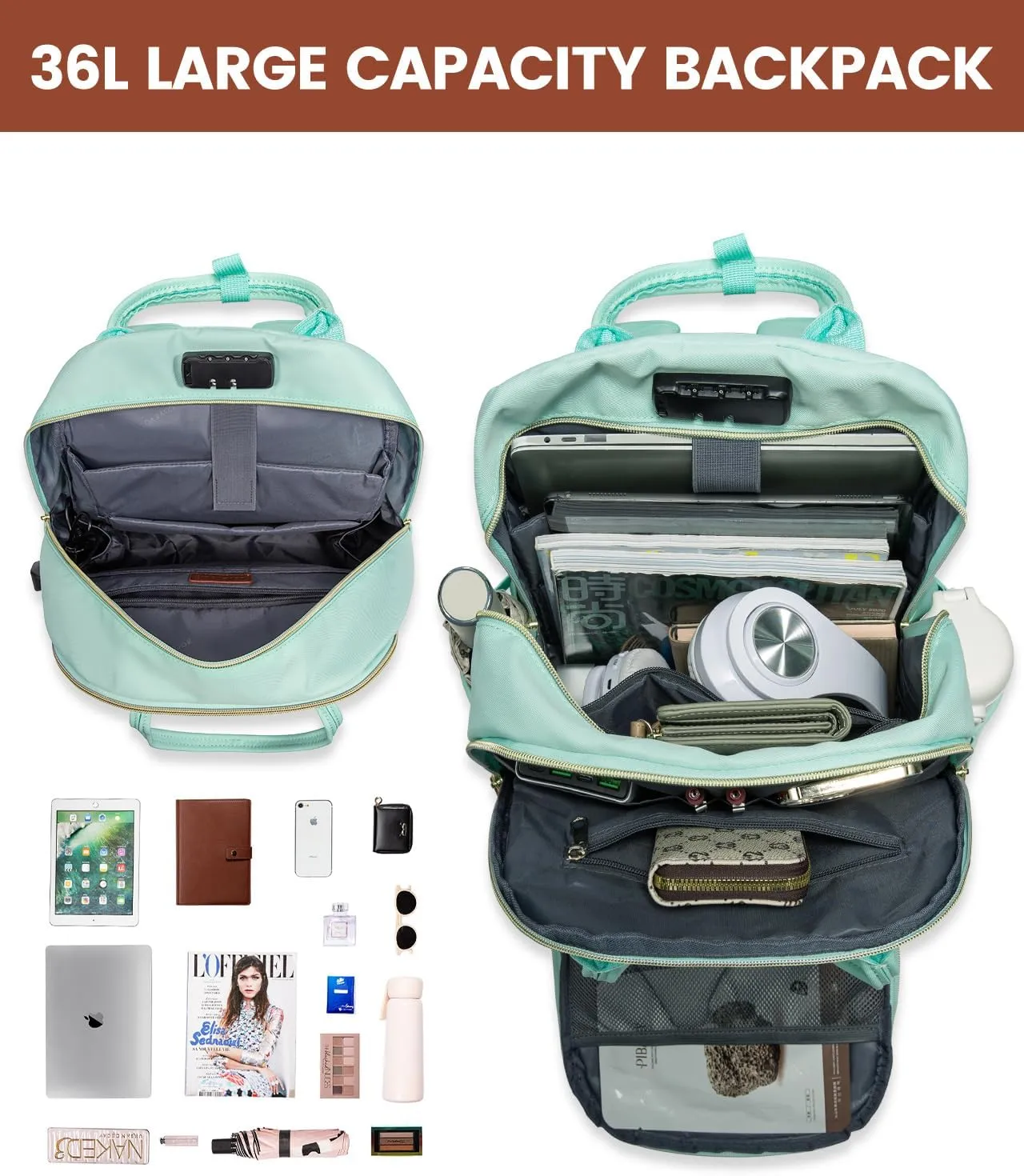 LOVEVOOK Laptop Backpack Purse for Women, Unisex Large Capacity 17 Inch Travel Anti-theft Bag, Work Business Computer Bags Backpack for Men, Casual Hiking Daypack with Lock, Mint Green
