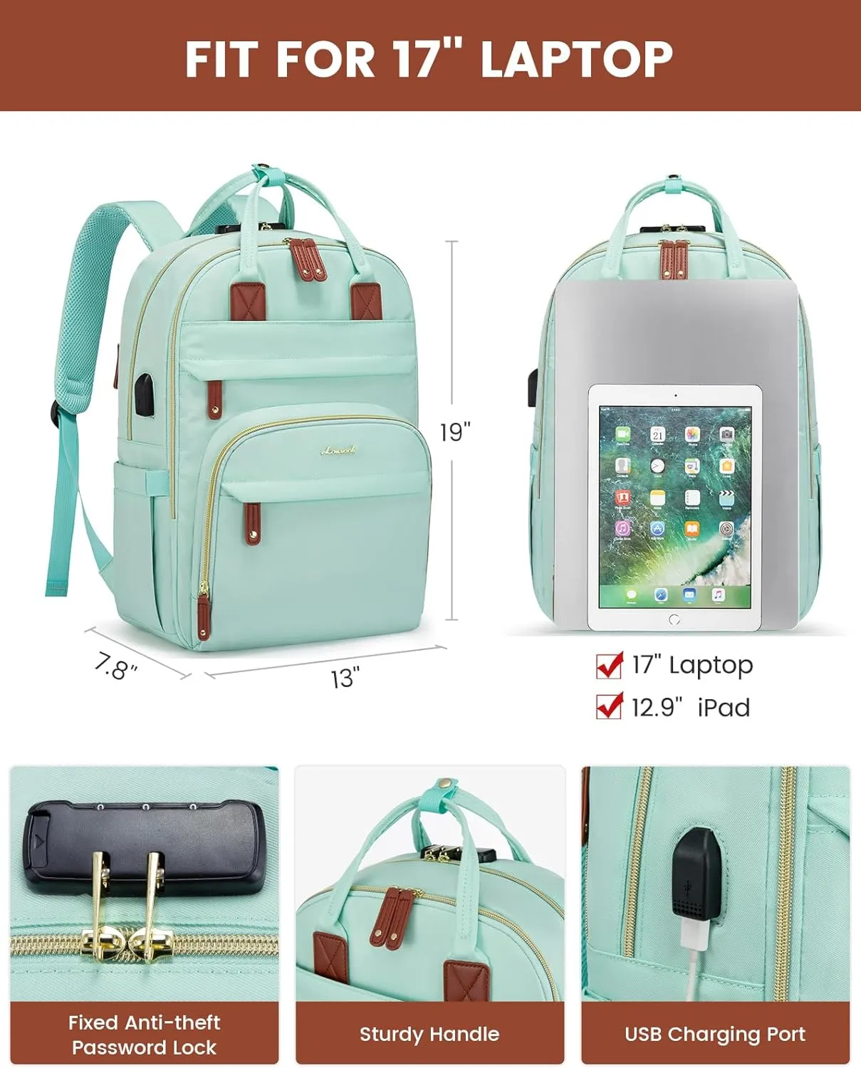 LOVEVOOK Laptop Backpack Purse for Women, Unisex Large Capacity 17 Inch Travel Anti-theft Bag, Work Business Computer Bags Backpack for Men, Casual Hiking Daypack with Lock, Mint Green