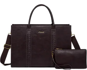 LOVEVOOK Laptop Tote Bag for Women, Vintage Leather Work Bags 15.6 inch Laptop Bag, Waterproof Computer Bag Business Office Briefcase, Purple