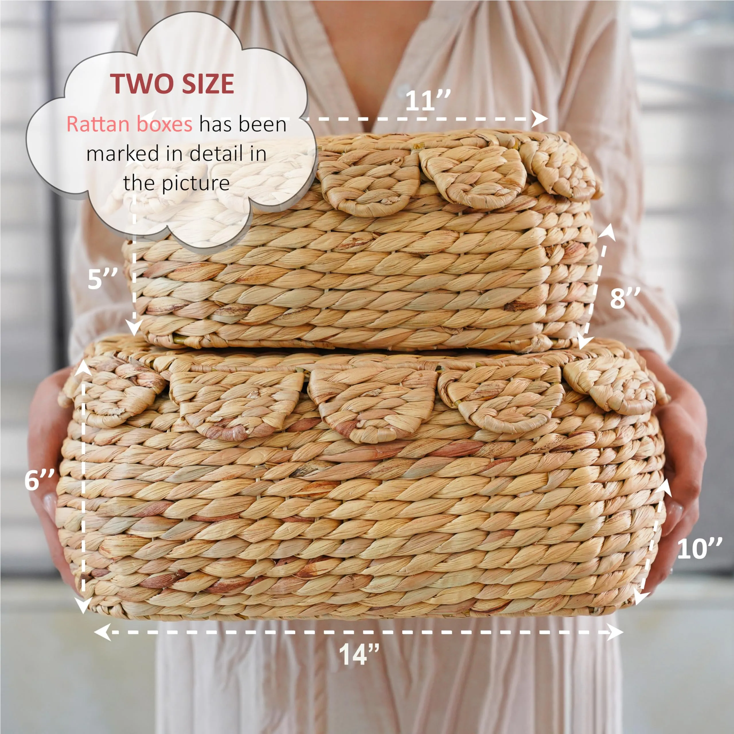 LUSYDECO Set of 2 Hand Round Wicker Storage Baskets with Lid, Rattan Basket Decorative Boxes, Woven Storage Box Hyacinth Basket with Lids, Scalloped Edge Wicker Basket with Lid