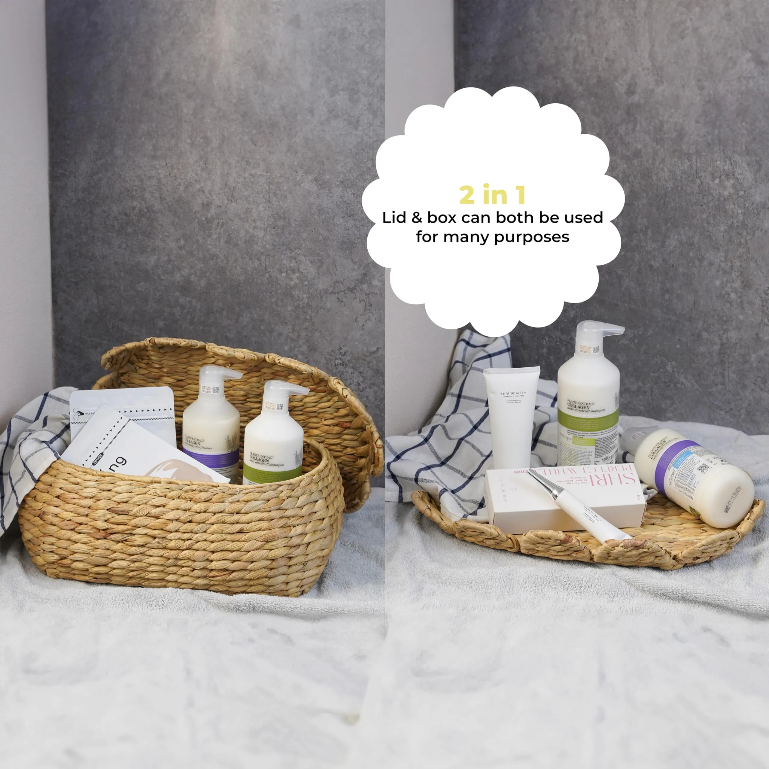 LUSYDECO Set of 2 Hand Round Wicker Storage Baskets with Lid, Rattan Basket Decorative Boxes, Woven Storage Box Hyacinth Basket with Lids, Scalloped Edge Wicker Basket with Lid