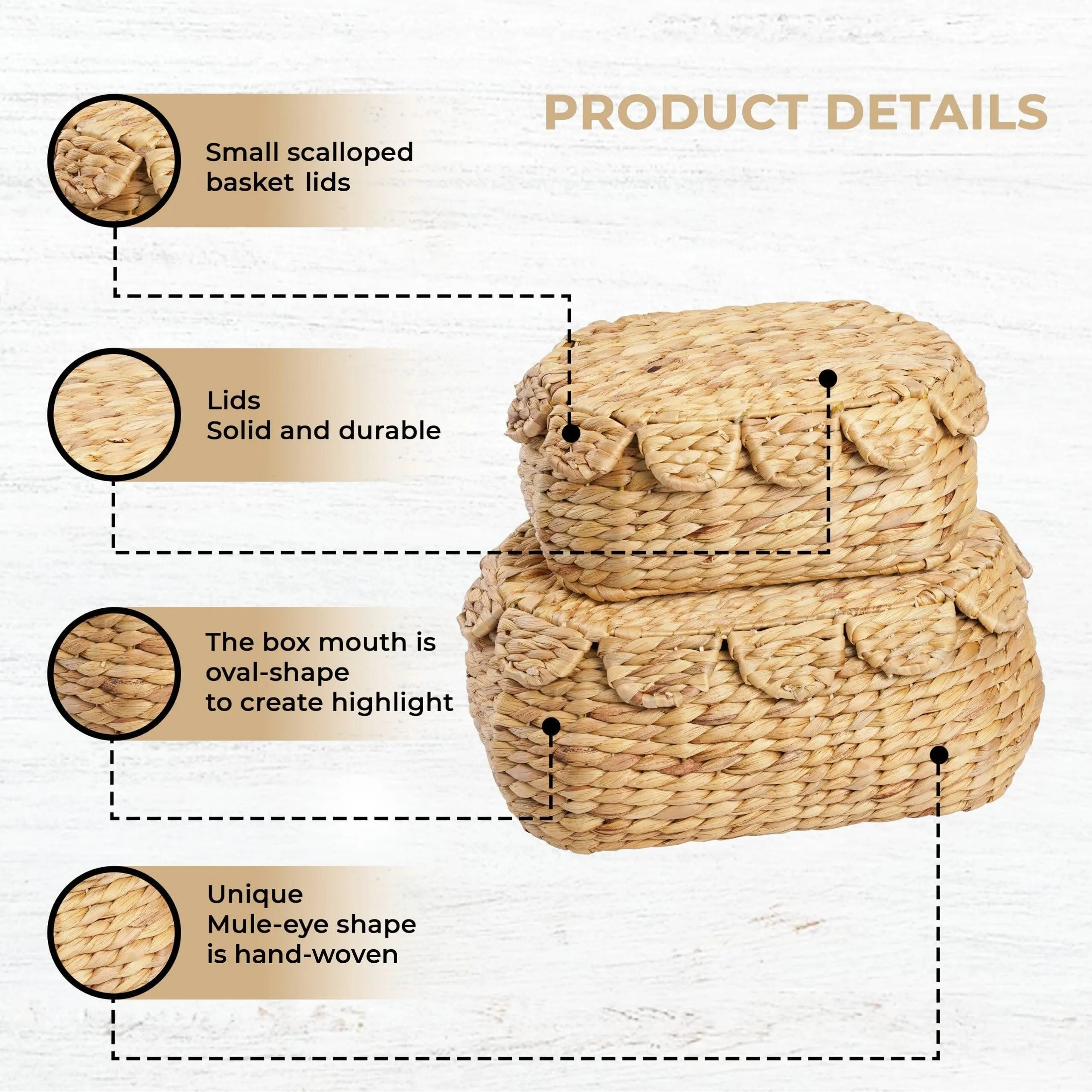 LUSYDECO Set of 2 Hand Round Wicker Storage Baskets with Lid, Rattan Basket Decorative Boxes, Woven Storage Box Hyacinth Basket with Lids, Scalloped Edge Wicker Basket with Lid
