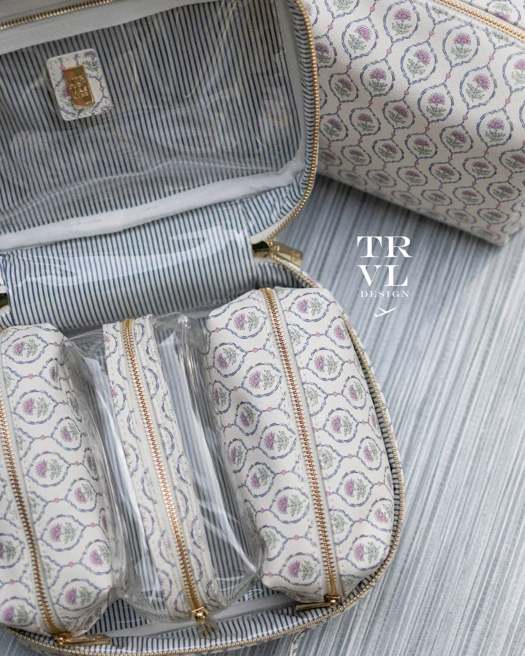 LUXE TRVL2 Cosmetic Toiletry Case - ANTIBES with Navy Pinstripe Liner