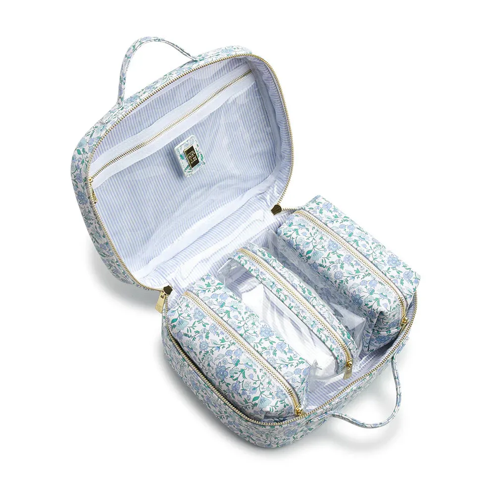 LUXE TRVL2 Cosmetic Toiletry Case - HAMPTONS FLORAL with Chambray Pinstripe Liner - IN STOCK