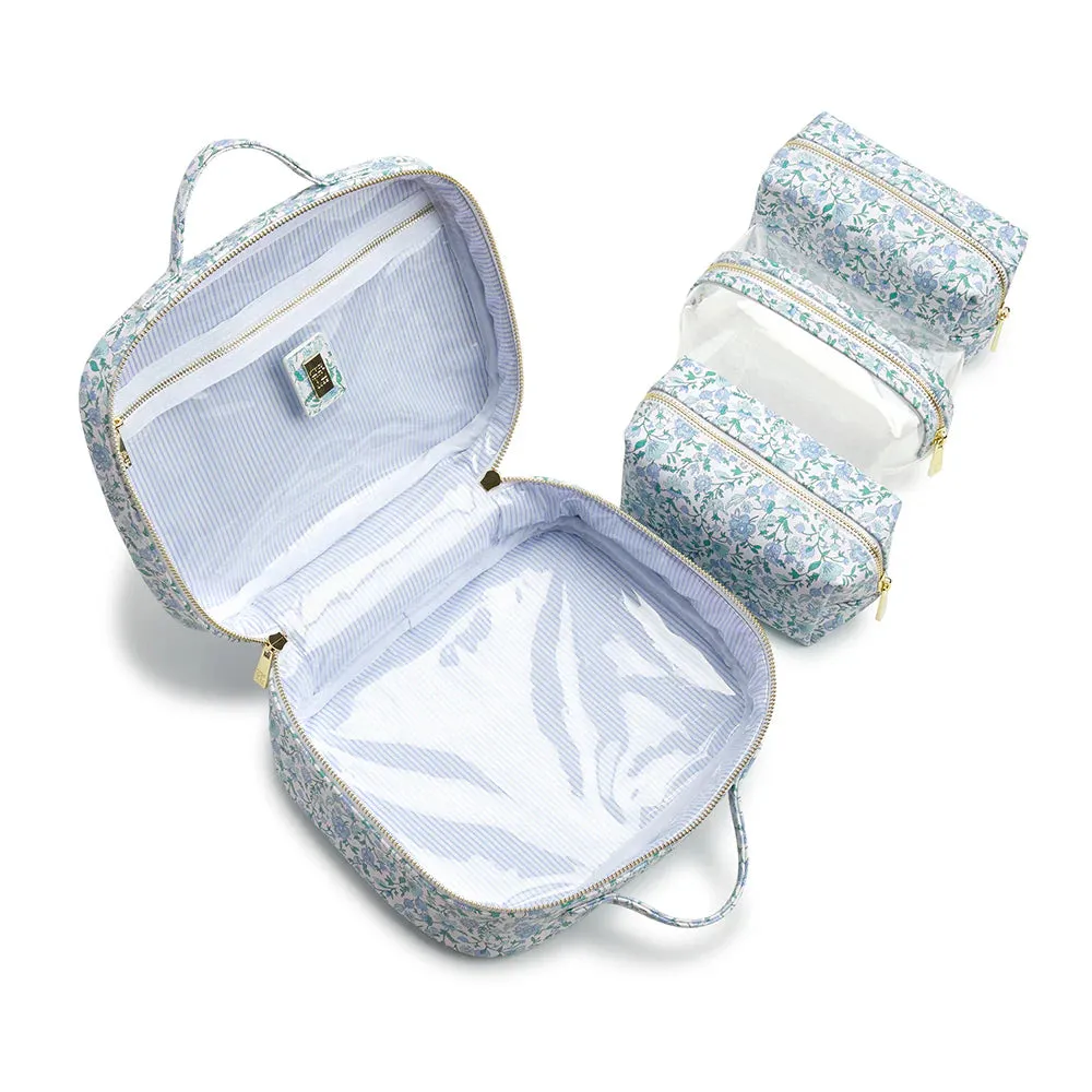 LUXE TRVL2 Cosmetic Toiletry Case - HAMPTONS FLORAL with Chambray Pinstripe Liner - IN STOCK