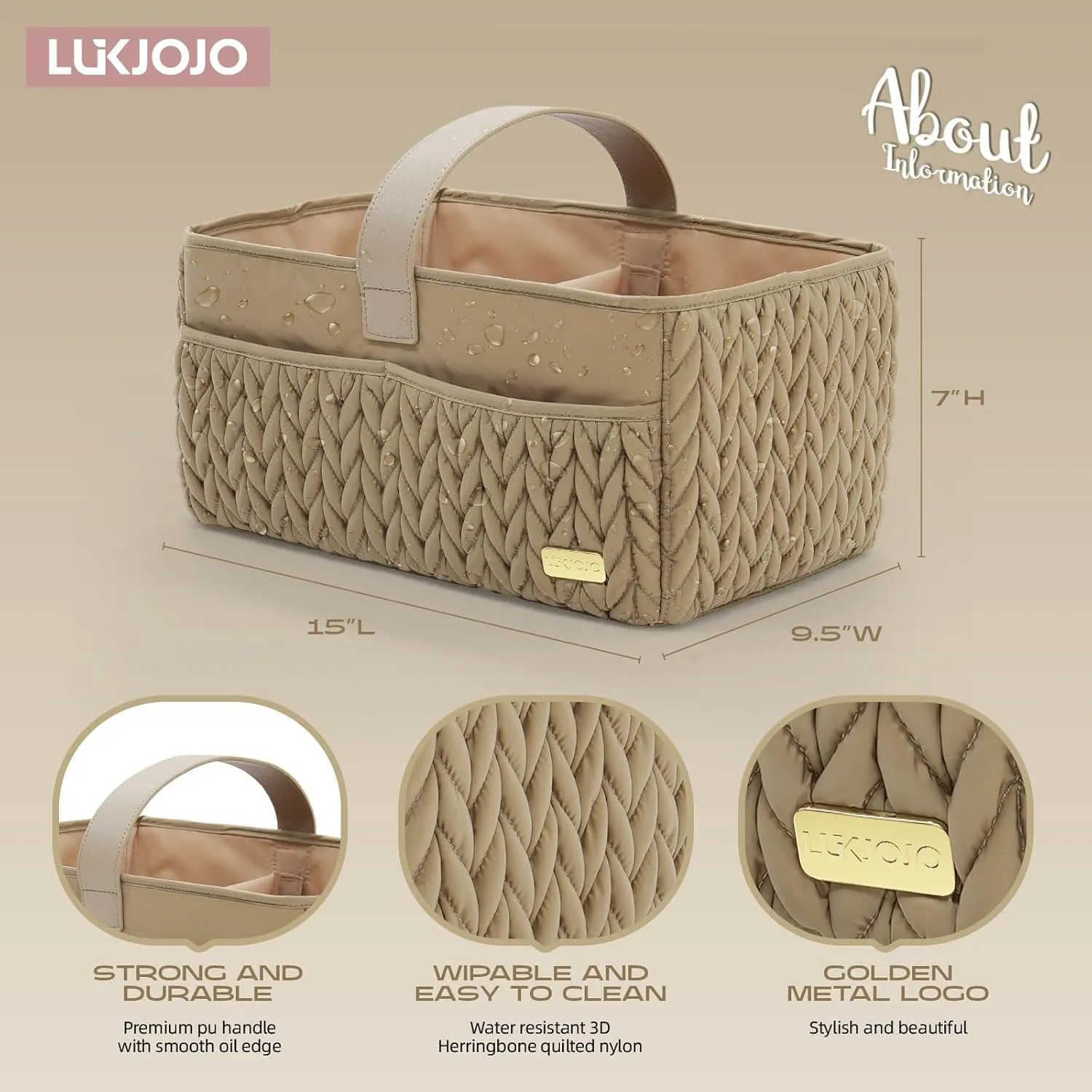 Luxurious Baby Diaper Caddy, Nursery Storage Basket for Newborn Essentials, Travel Baby Basket for Diapers Baby Wipes, Organizer Tote Bag Storage Bin, Baby Shower Gifts(Beige)