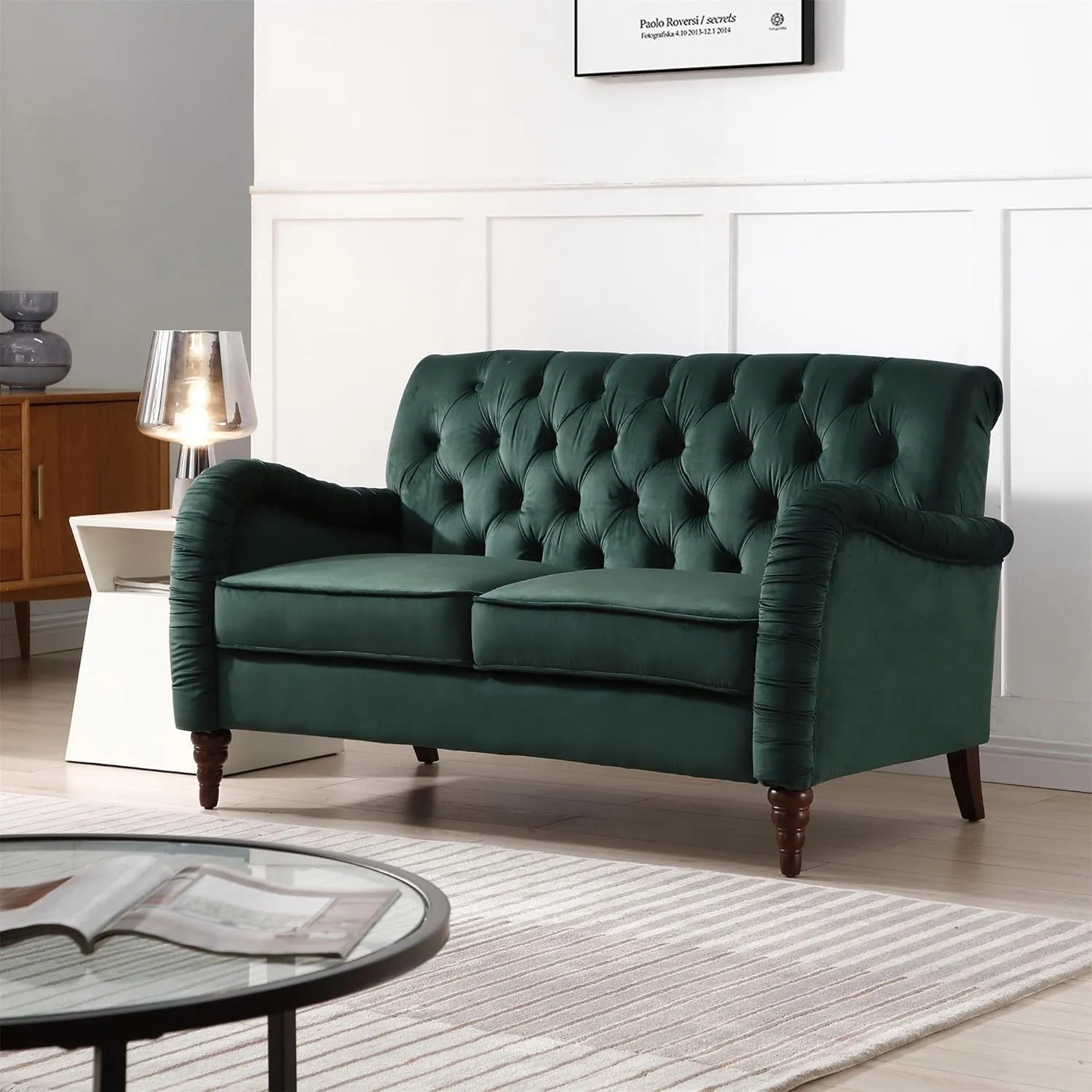 Luxurious Chesterfield Sofa - Exemplary Craftsmanship, Comfortable Seating, Modern Aesthetics - Plush Velvet Upholstery Sofa for Home Office Living Room (Blackish Green 2-Seater Loveseat)