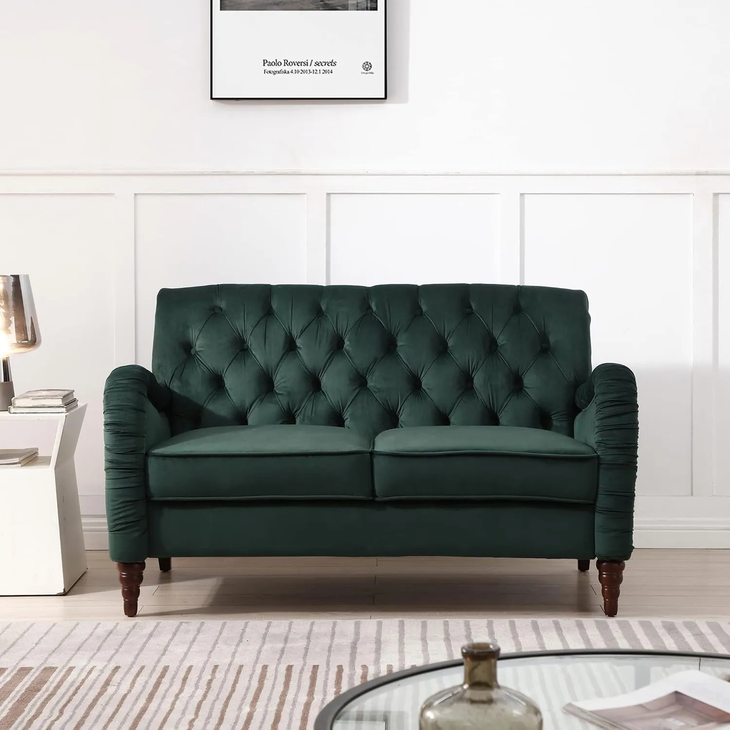 Luxurious Chesterfield Sofa - Exemplary Craftsmanship, Comfortable Seating, Modern Aesthetics - Plush Velvet Upholstery Sofa for Home Office Living Room (Blackish Green 2-Seater Loveseat)