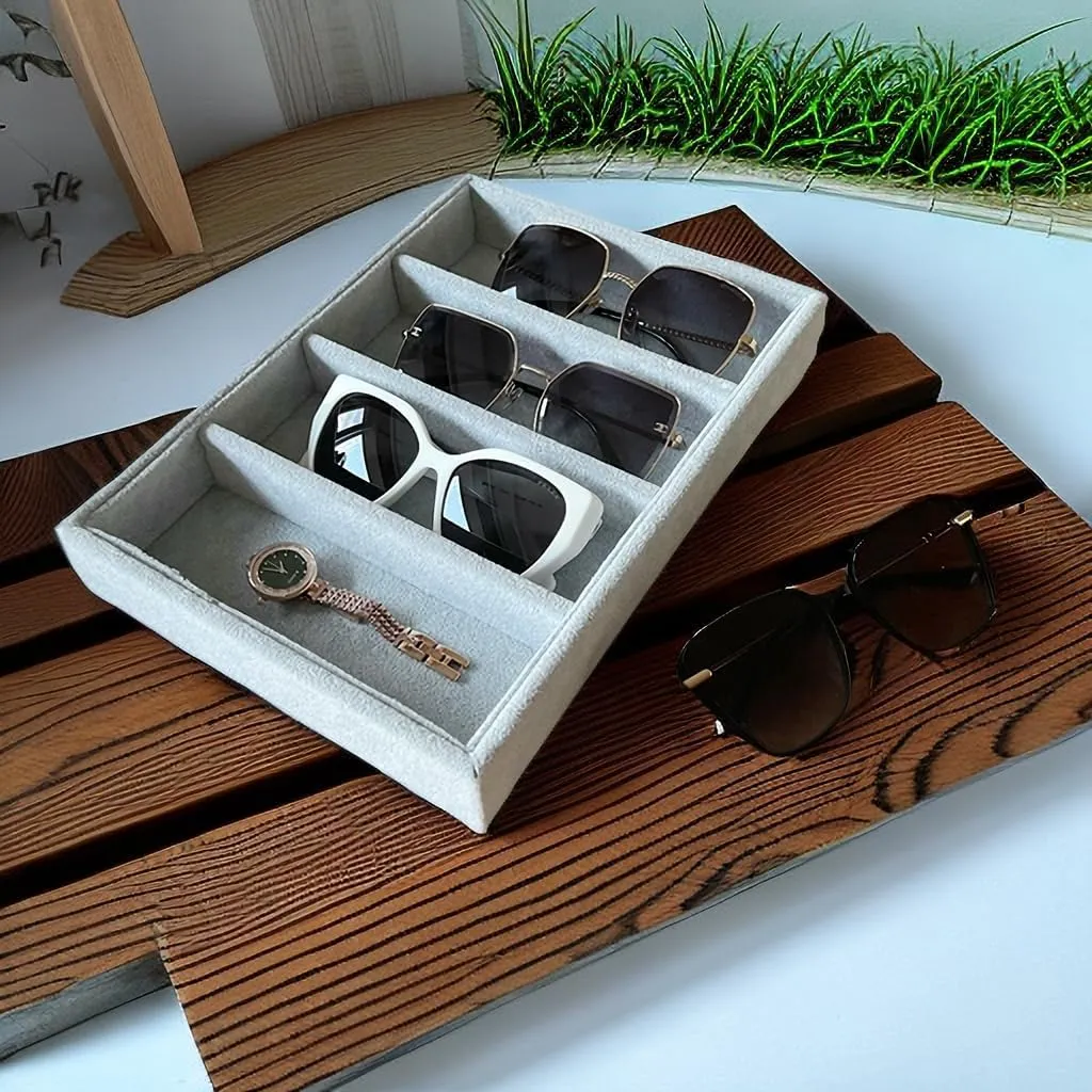 Luxurious Extra Soft Premium Quality Gray Plush Velvet Sunglasses Eyewear and Watch Jewelry Collection Tray Organizer Stackable Storage Hallway Closet Drawer Organization