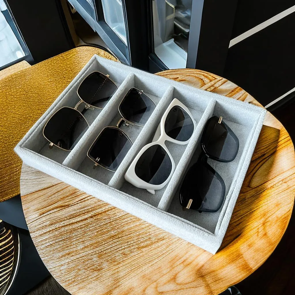 Luxurious Extra Soft Premium Quality Gray Plush Velvet Sunglasses Eyewear and Watch Jewelry Collection Tray Organizer Stackable Storage Hallway Closet Drawer Organization