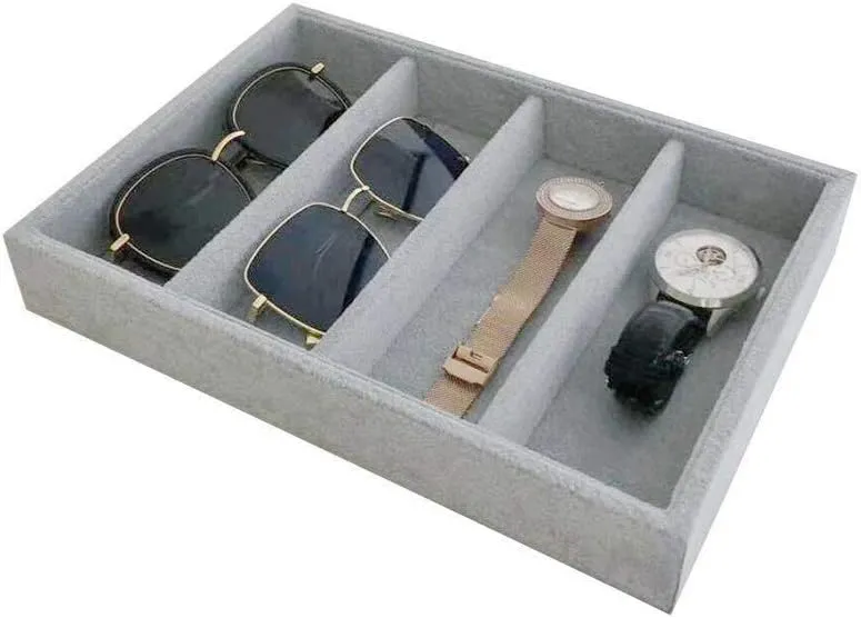 Luxurious Extra Soft Premium Quality Gray Plush Velvet Sunglasses Eyewear and Watch Jewelry Collection Tray Organizer Stackable Storage Hallway Closet Drawer Organization