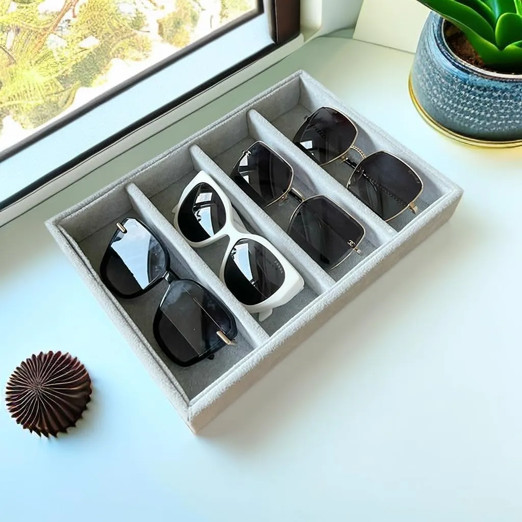 Luxurious Extra Soft Premium Quality Gray Plush Velvet Sunglasses Eyewear and Watch Jewelry Collection Tray Organizer Stackable Storage Hallway Closet Drawer Organization