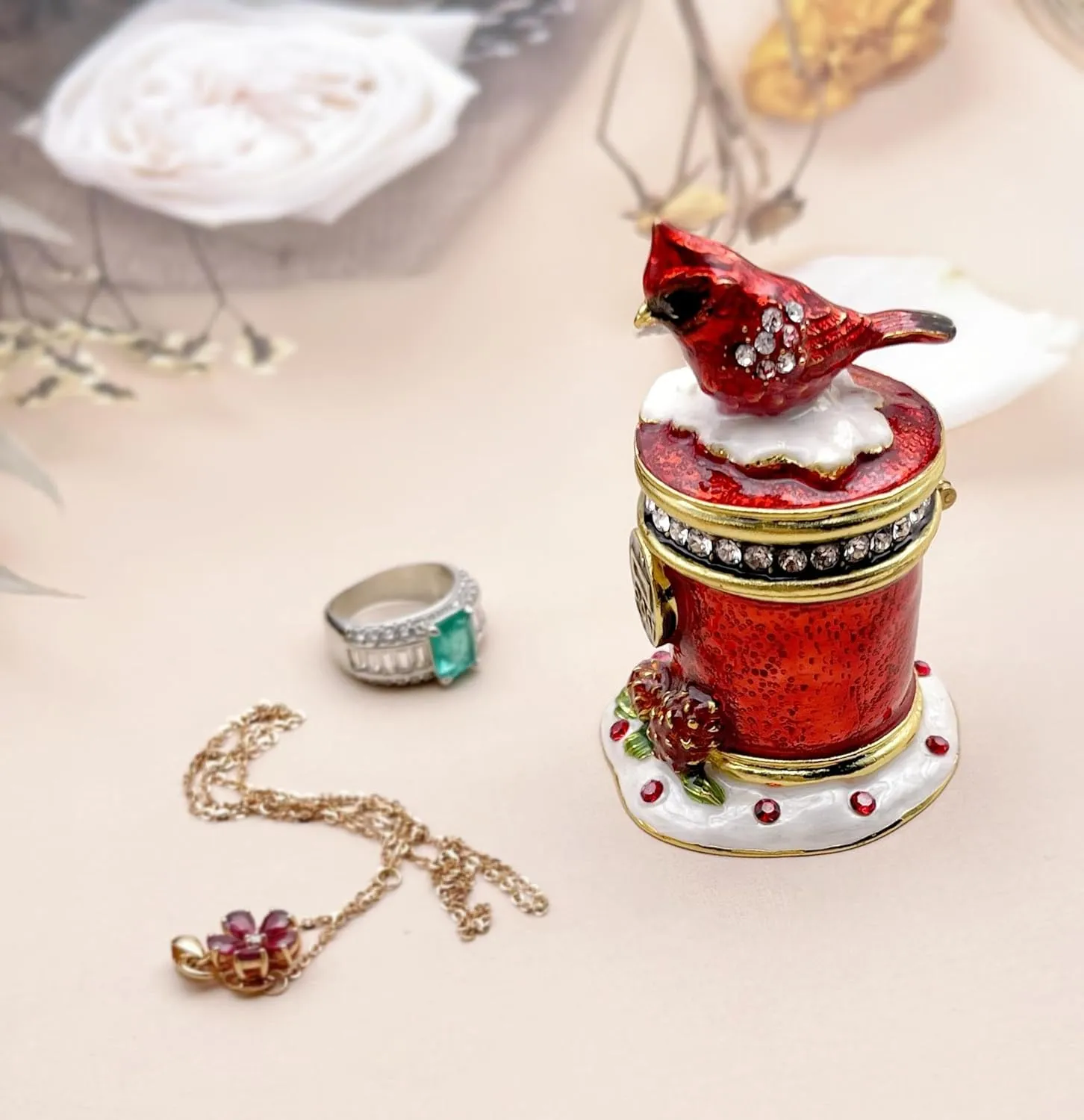 Luxury Cardinal Bird with Mailbox Hinged Trinket Jewelry Boxes for Necklace Rings Earrings.Cardinals Decor Figurines Gifts for Women.
