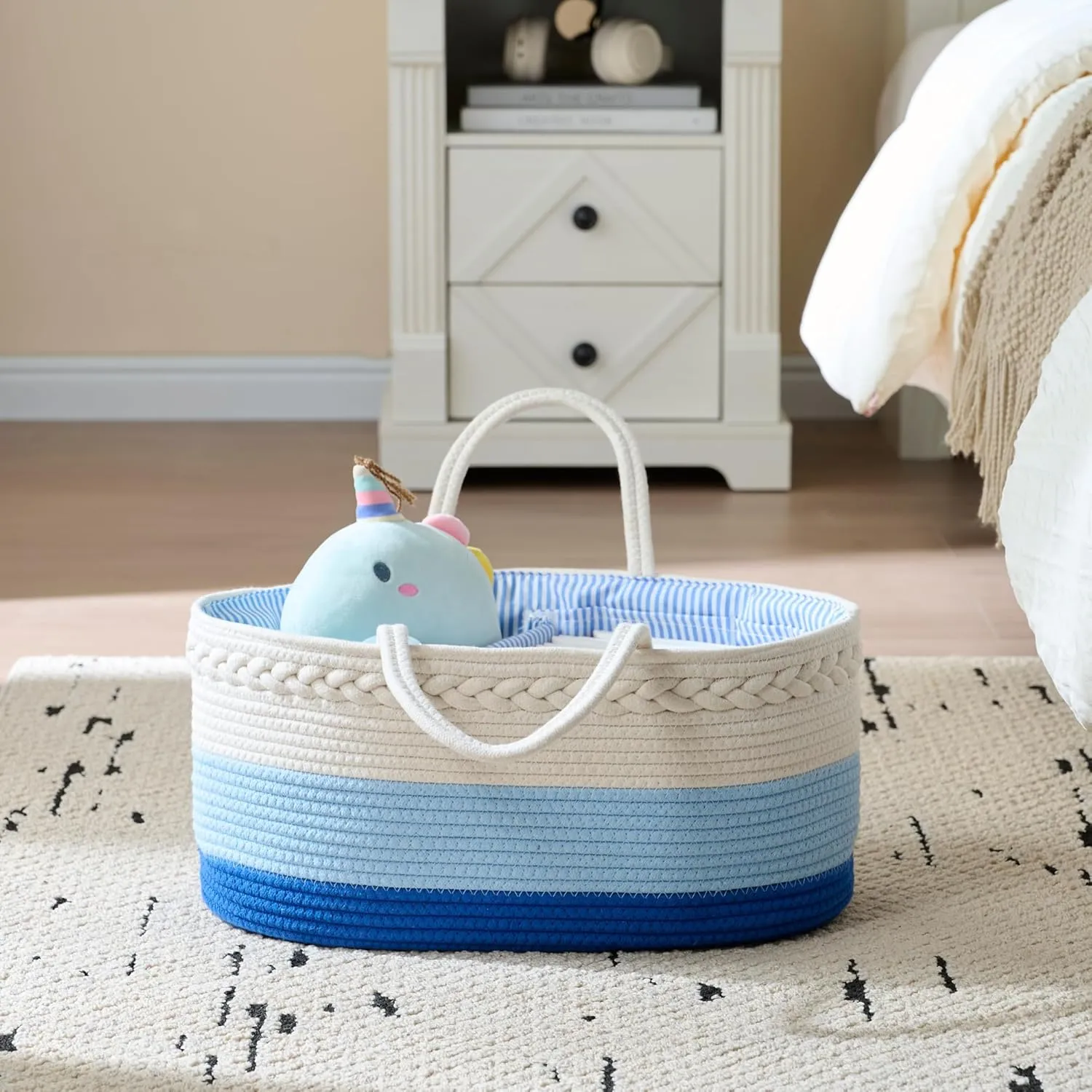 luxury little Diaper Caddy Organizer, Large Cotton Rope Nursery Basket, Changing Table Organizer for Baby Diaper Storage, Portable Car Organizer with Removable Divider, Baby Shower Gifts - Blue